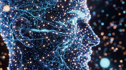 Abstract digital representation of a human head in profile, composed of glowing particles and interconnected lines, symbolizing artificial intelligence and neural networks. - Powered by Adobe