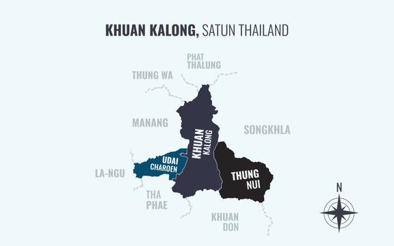 Map showing Khuan Kalong District Satun Thailand divided into sub districts with minimalist colorful patterns
