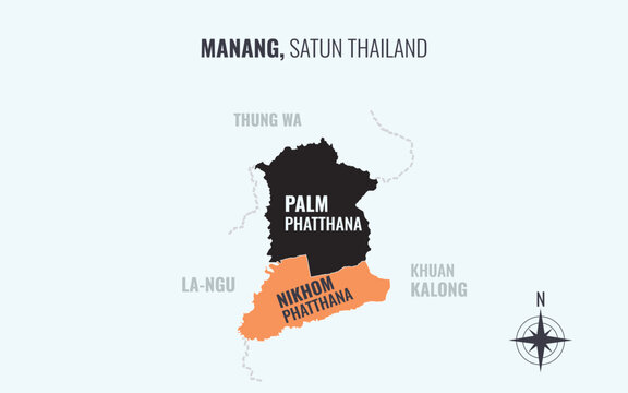 Map showing Manang District Satun Thailand divided into sub districts with minimalist colorful patterns