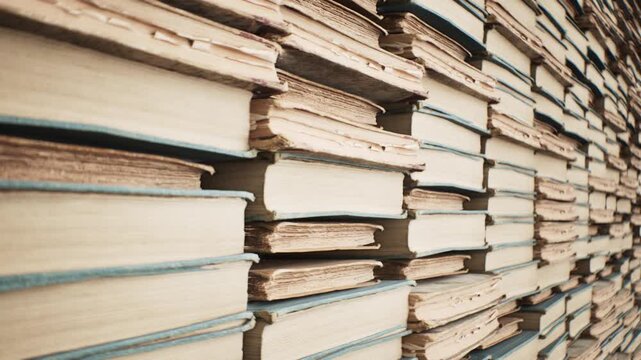 Closeup Concept Stacked of Books in Library room interior. 3D animation. 4K.	
