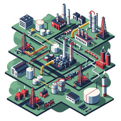 Isometric illustration of a multi-layered industrial complex with oil rigs, storage tanks, and interconnected pipelines, representing energy production.
