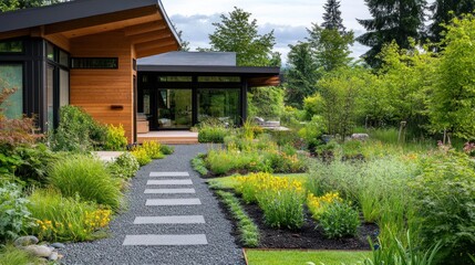 Modern home with landscaped garden path