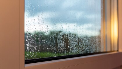Close-Up of a Window with Rain Streaks and Interior Light. Slow Travel & Local Tourism. Interior scene looking out through a window covered in rain streaks where the soft warm indoor light.
