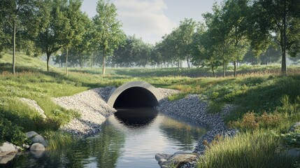 Rural waterway tunnel, sunny day, trees, grassy banks