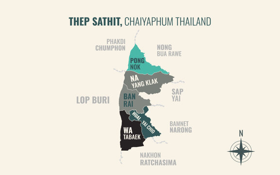 Map showing Thep Sathit District Chaiyaphum Thailand divided into sub districts with minimalist colorful patterns