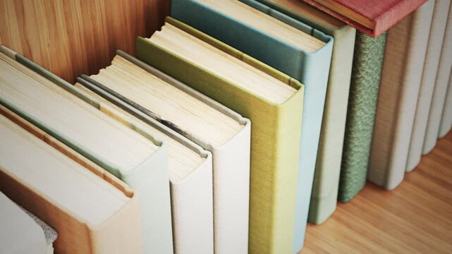 close up of a stack of books in library room interior. 3D animation. 4K.	
