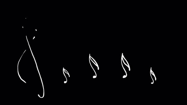Treble clef and white notes fill the black screen in 4K with alpha. Hand-drawn music transition perfect for clip changes and song intros.