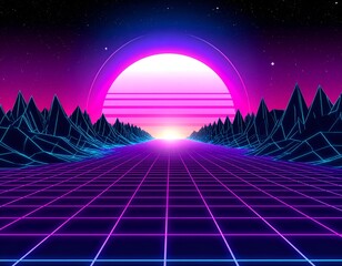 Futuristic neon landscape with grid road, mountains, and sunset over stars