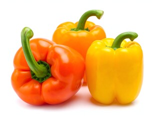 Three bell peppers red-orange, orange, and yellow, on white background