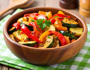A colorful, rustic wooden bowl filled with roasted vegetables, garnished