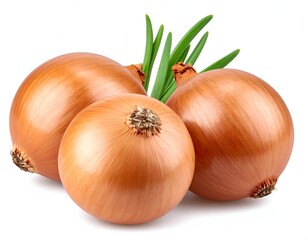 Three golden bulbs with green stalks, against a plain white backdrop