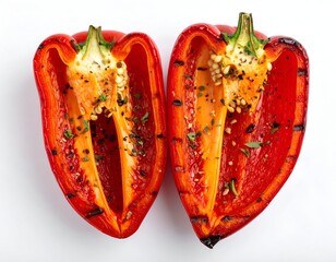 Grilled red bell pepper halves seasoned with herbs, overhead view