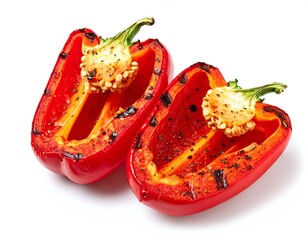 Roasted red bell pepper halves, seasoned, against a white backdrop