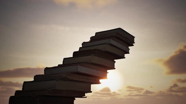Concept idea stack of books on sky sun set dawn beautiful background. 3D animation. 4K.