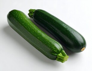 Two vibrant green, fresh zucchini vegetables on a plain white surface