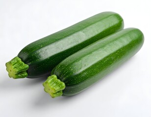 Two vibrant green elongated vegetables with textured skin on a white background