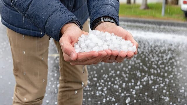 A person holds a handful of hailstones while it is raining outside.