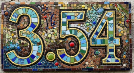 Whimsical Mosaic House Number Sign Displaying Digits Three, Five, and Four Boldly