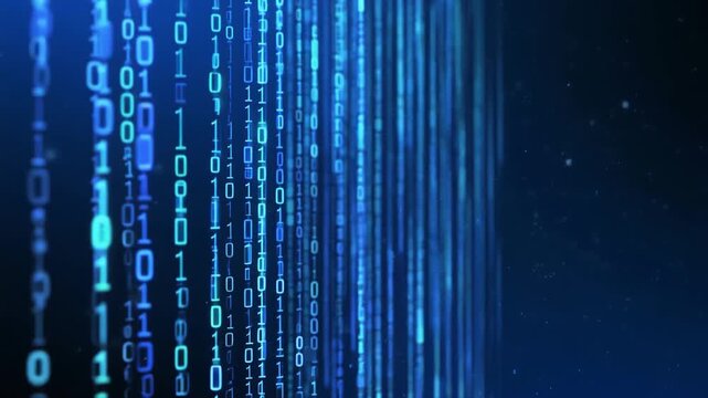 Endless vertical blue binary code columns, futuristic data wall, seamless loopable background