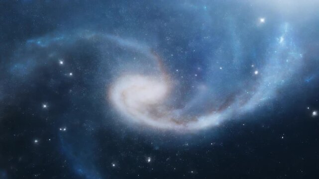 Fast traveling through a glowing blue spiral galaxy tunnel, warp speed light trails