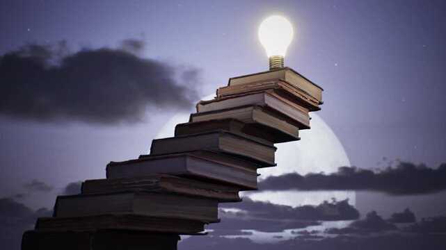Concept idea stack of books on sky background. 3D animation. 4K. 