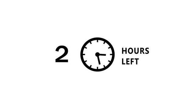 2 Hours left countdown clock icon animation. Countdown timer clock animation. Stopwatch timer clock. Starting soon timer animation. 
