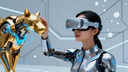 Woman with robotic arm interacting with golden robot dog