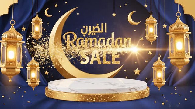 An elegant and festive 3D rendering featuring golden crescent moons, twinkling stars, and beautifully ornate illuminated lanterns against a rich, draped blue background. A central white marble and gol