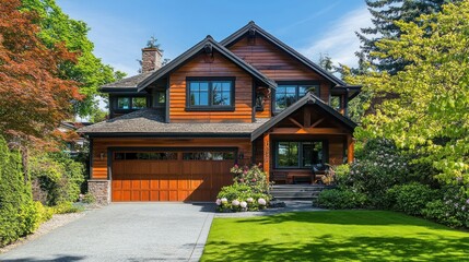 Modern Wooden Home with Lush Landscaping on Sunny Day