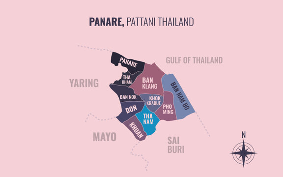 Map showing Panare District Pattani Thailand divided into sub districts with minimalist colorful patterns