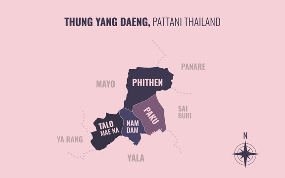 Map showing Thung Yang Daeng District Pattani Thailand divided into sub districts with minimalist colorful patterns