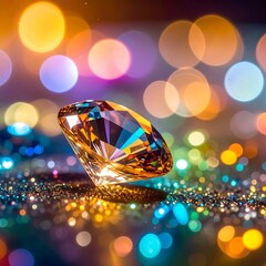 Sparkling gem radiates light with blurred, colorful bokeh in background