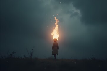 Figure with Flame Head Standing on a Field