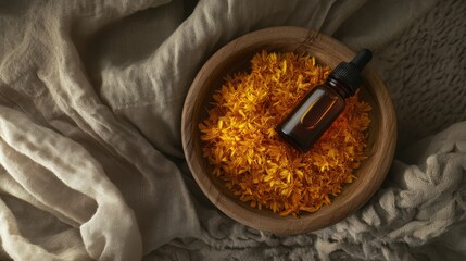 a brown bottle with a dropper resting on a wooden bowl filled with vibrant calendula petals displayed on an organic textured fabric