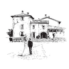 Hand drawn Italian style vintage wedding couple