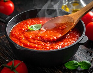 Steaming tomato sauce being stirred with a wooden spoon in a pan