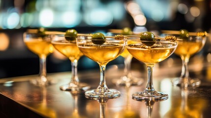 sophisticated golden cocktails lined up on a bar, ready for a celebration, with decorative olive garnish and reflective surface for the elegant atmosphere