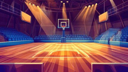 illuminated indoor basketball arena ready for a game, showing empty seating and a polished court creating an energetic anticipation, a spectacle