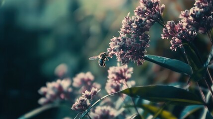a mesmerizing dance unfolds as a bee gracefully hovers, collecting nectar from delicate blooms under gentle light, captivating nature scene