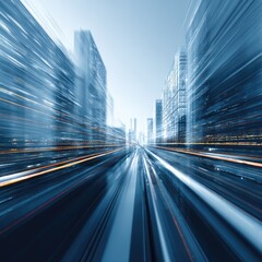Fototapeta premium Dynamic Urban Landscape with Blurred Motion of Buildings and Streets Depicting Fast-Paced City Life and Modern Architecture