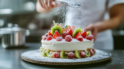 the final flourish a confectioner?s touch adds a snowy dusting to a fruit adorned cake creating an enticing dessert experience filled with culinary care
