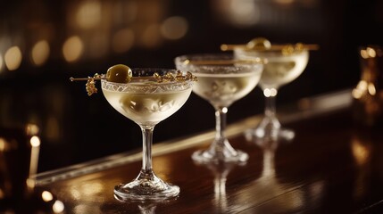 elegant martinis arranged on a polished wooden bar, illuminated by soft, inviting bokeh lights creating a sophisticated atmosphere