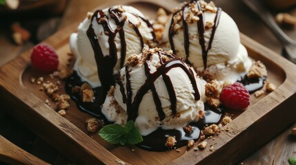 creamy indulgence: a trio of vanilla ice cream adorned with decadent chocolate syrup and crunchy toppings on a rustic wooden tray
