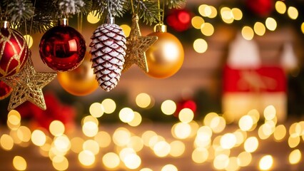 Festive Christmas decorations with baubles and pinecones in warm lights