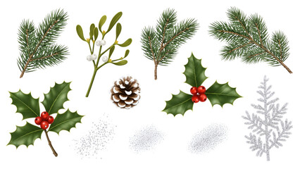 Evergreen branches with holly and pinecones.