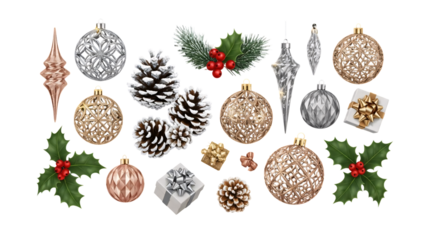 Decorative Christmas Ornaments Set With Pinecones and Holly.
