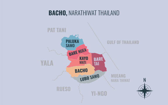 Map showing Bacho District Narathiwat Thailand divided into sub districts with minimalist colorful patterns