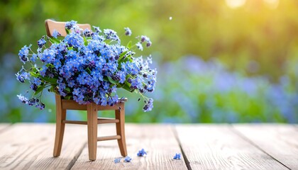 Tiny wooden chair with a vibrant bouquet of blue flowers