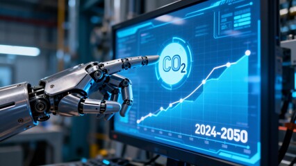 Robot hand interacting with CO2 data on screen