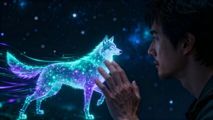 Man gazes at glowing wolf in starry space